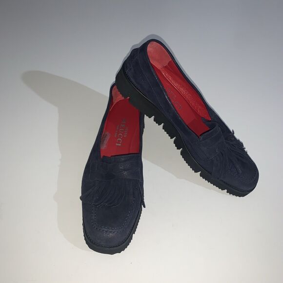 Sesto Meucci Women's 7M Loafer Blue Suede Fringe Slip On Lug Sole Wedge - Picture 1 of 9